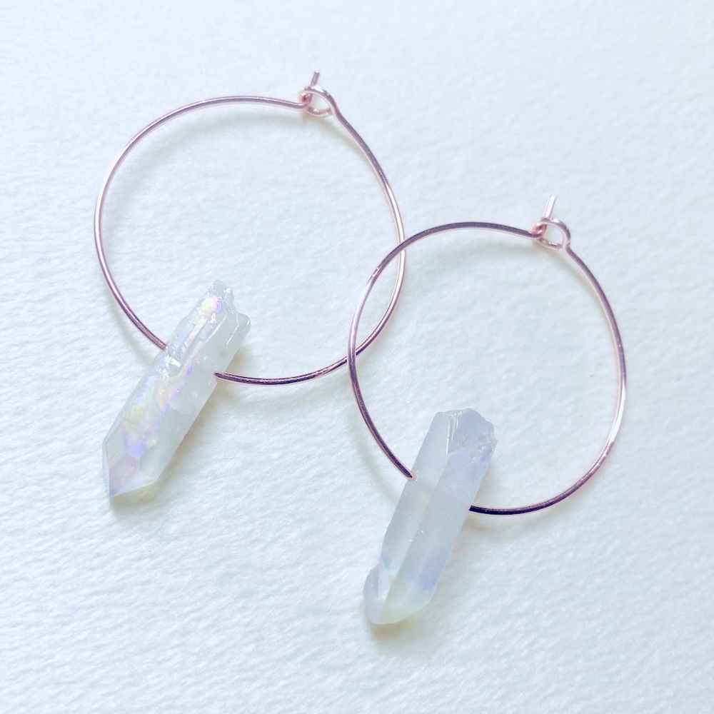 Elegant Rose Gold Non-Tarnish Plated AB Aurora Quartz Raw Crystal Hoop Earrings